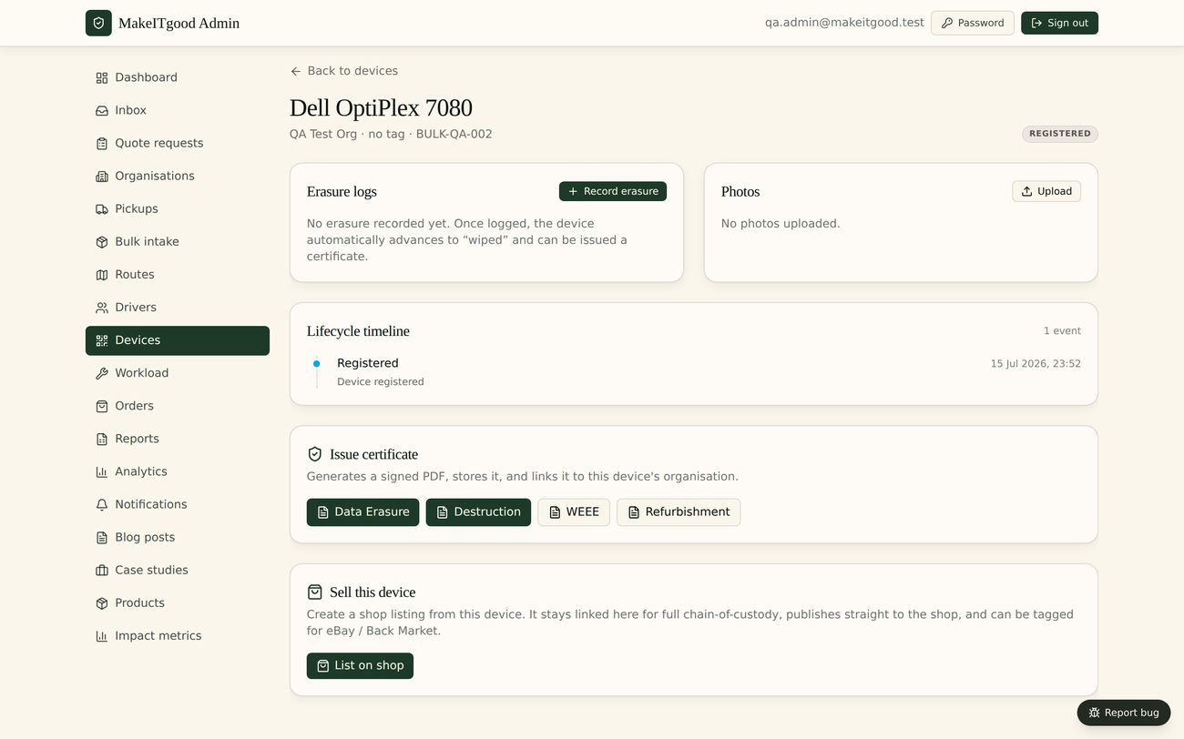 A single device lifecycle timeline and one-click certificate options in WipeTrail