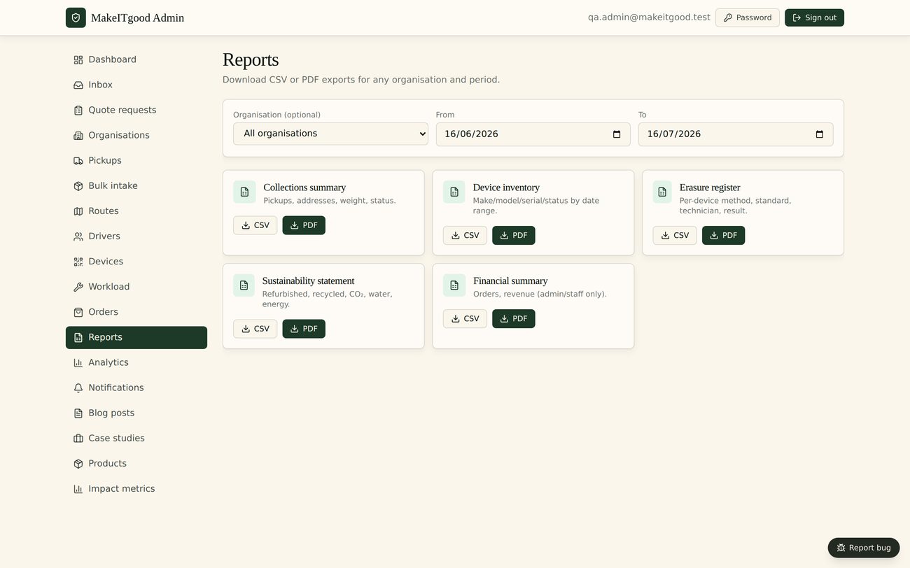 WipeTrail reports screen with WEEE and waste tracking records